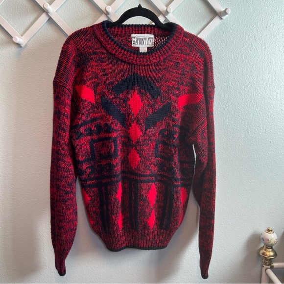 Frontline Other - Vtg 80s Frontline Knit Crewneck Sweater Abstract Retro Grandpa Mens Medium Red